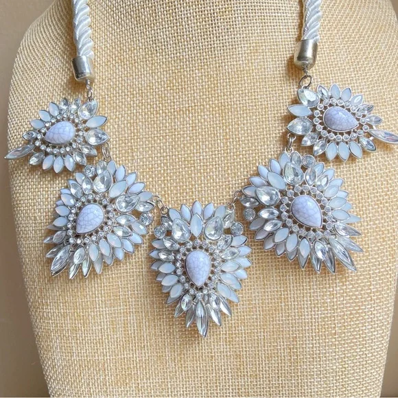 Chunky silvertone statement necklace with clear and gray rhinestone segments - Picture 2 of 9